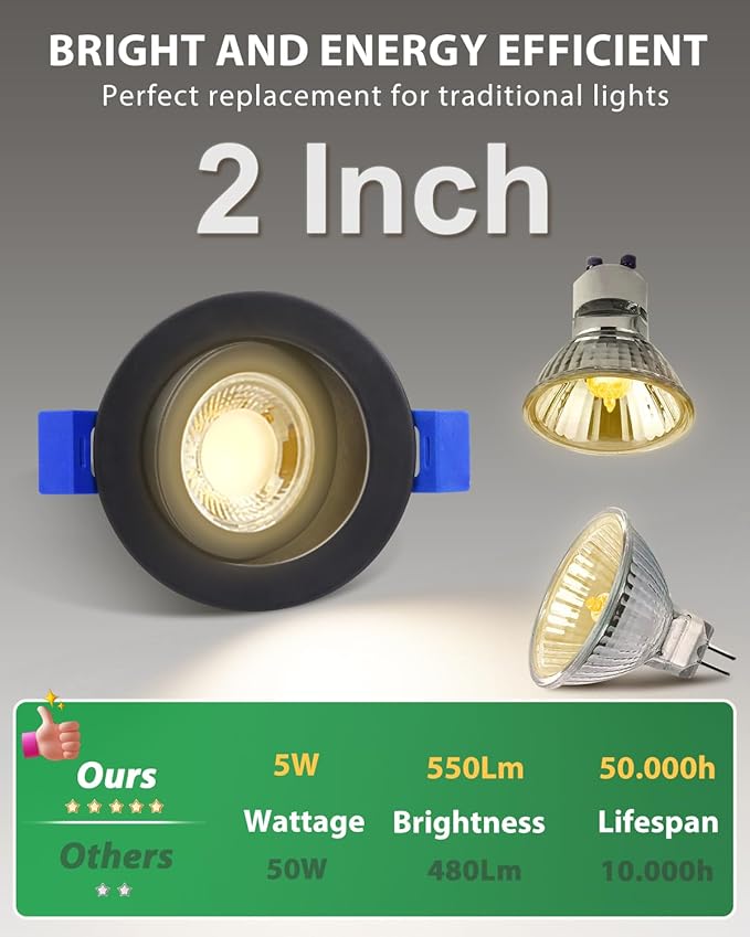 zouzai 5CCT LED Gimbal Led Recessed Light with Junction Box, 360ยฐ+90ยฐ Adjustable Directional Eyeball Lighting, Dimmable, 2700K/3000K/3500K/4000K/5000K,ETL&Energy Star (Black 1 Pack, 2 inch)