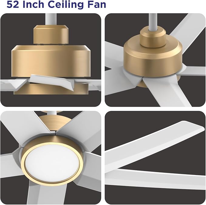 ocioc 2-Pack 52 inch Ceiling Fans with Liights Ultra Quiet DC Motor 3 Color Temperatures Modern Ceiling Fan for Bedroom Kitchen Indoor Covered Outdoor Gold