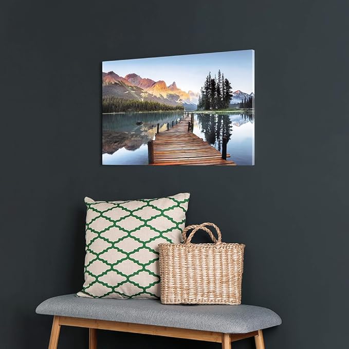 Lake Boardwalk Canvas Wall Art: Nature Mountain Sunset Scenic Artwork Woodland Water Print Picture for Bedroom