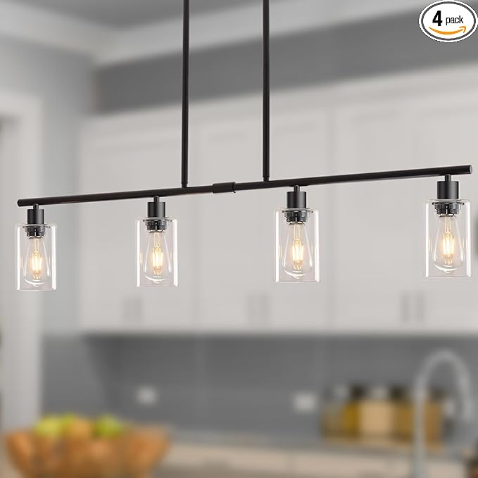 Kitchen Island Lighting, 4 Lights Linear Chandeliers Pendant Light Fixtures for Dining Room Farmhouse Hanging Light with Glass Shades(Black)