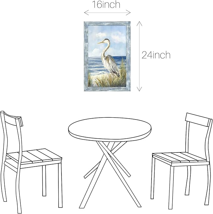 Framed Coastal Sea Bird Painting: Wooden Blue Ocean Scene Artwork Heron on Beach Picture Print Modern Bedroom Bathroom Living Room Wall Decoration Home Office Decor 36"x24"