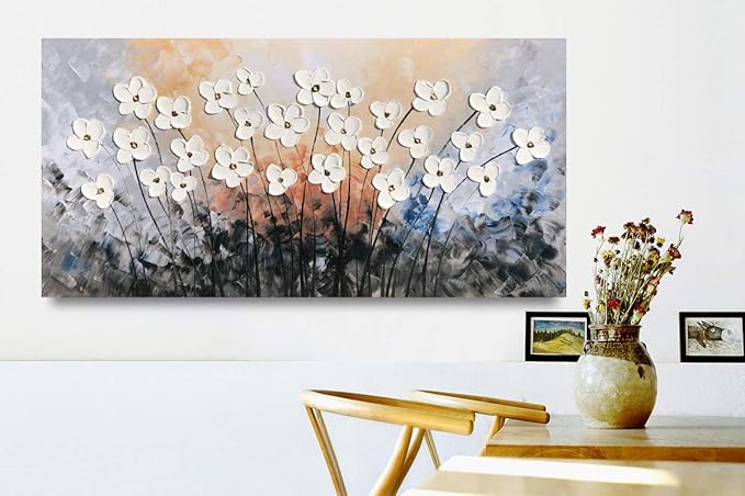 Yihui Arts Floral Paintings Canvas Wall Art Living Room Decor Contemporary Grey Artwork Pictures Framed Ready to Hang