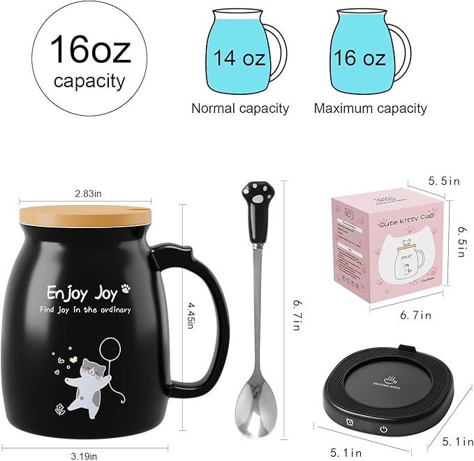 Cute Cat Coffee Mug Warmer Set, 8 Hour Auto Shut Off Cup Warmer for Desk Office Home, Candle Tea Milk Beverage Electric Coffee Warmer with 4 Temperature Setting, Christmas Birthday Ideas for Women Men