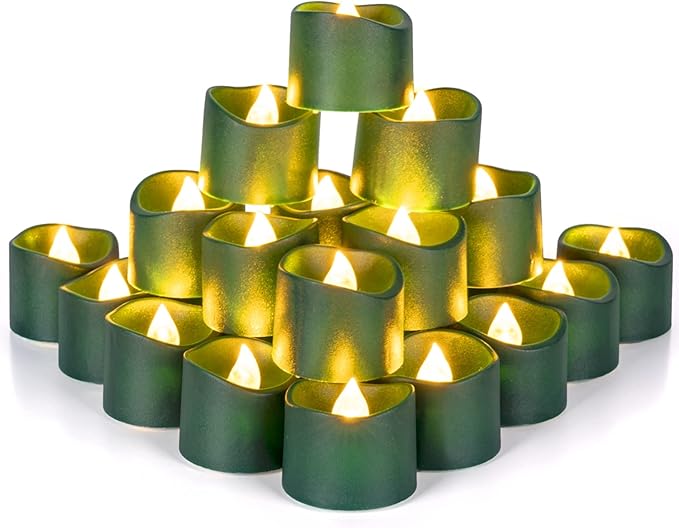 Homemory 24Pcs Green Tea Lights Battery Operated, Flameless Flickering Green Candles, Holiday Candles for Christmas, Home Decor, Theme Party
