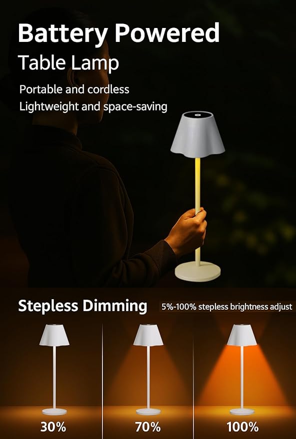 La Luz 13 inch Aluminum Cordless Table Lamps 5200 mAh Battery Operated, 3-Way Dimmable USB-C Port Rechargeable 3.5W Touch Light LED Lamp for Bedroom/Patio/Reading/Desk White