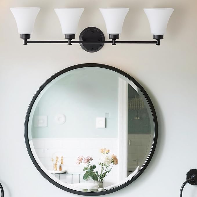 LOUSACE 4 Light Bathroom Vanity Light Matte Black Bathroom Lighting Fixtures Over Mirror with Opal White Frosted Glass Shade, Vintage Traditional Wall Lighting Fixture Vanity Lights for Bedroom