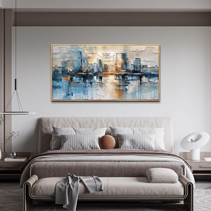 ZUITINGHUA Large Wood Framed Decor For Living Room Canvas Wall Art For Office Wall Decorations For Bedroom Blue Abstract Painting Modern Pictures Artwork Room Home Decor 24x48 In