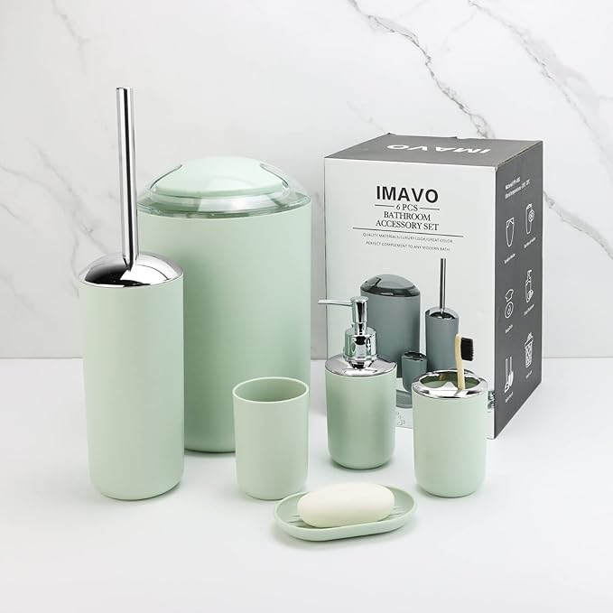 IMAVO Bathroom Accessories Set,Green Bathroom Set,7 Pieces Bathroom Accessory Set,Tray,Toilet Brush,Trash Can for Bathroom Décor and Housewarming Gifts