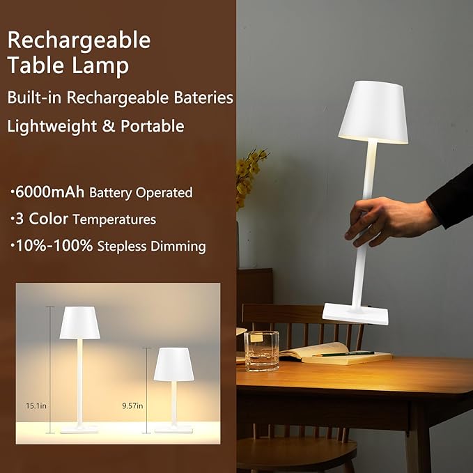 Cordless Table Lamp Rechargeable Lamps: 6000mAh Battery Operated Table Lamp Outdoor Waterproof, Touch Control, Portable Wireless Desk Lamp for Dinner/Bedroom/Restaurant ๏ผWhite2 Pack