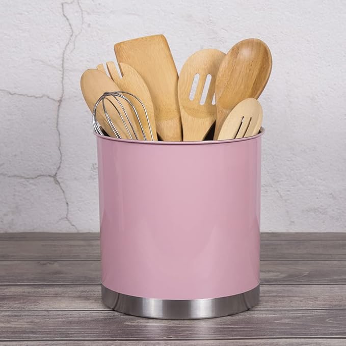 Creative Home Stainless Steel Utensil Holder– 7" Extra Large Cooking Tool Organizer for Kitchen Decor and Countertop Storage, Stable Anti-Tip Design, Durable Powder-Coated Finish, Pink