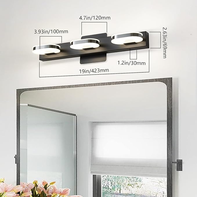 Modern LED 3 Lights Vanity Light for Bathroom Modern Vanity Light Fixture Wall Sconce 19 Inch Natural White Light (Black)
