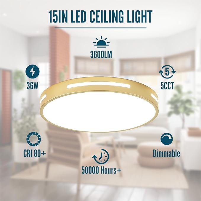 Gold LED Flush Mount Light Fixture - 15 inch, 36W Set of 2, Dimmable Kitchen Lighting, Modern Ceiling Mount for Bedroom, Bathroom, Living Room