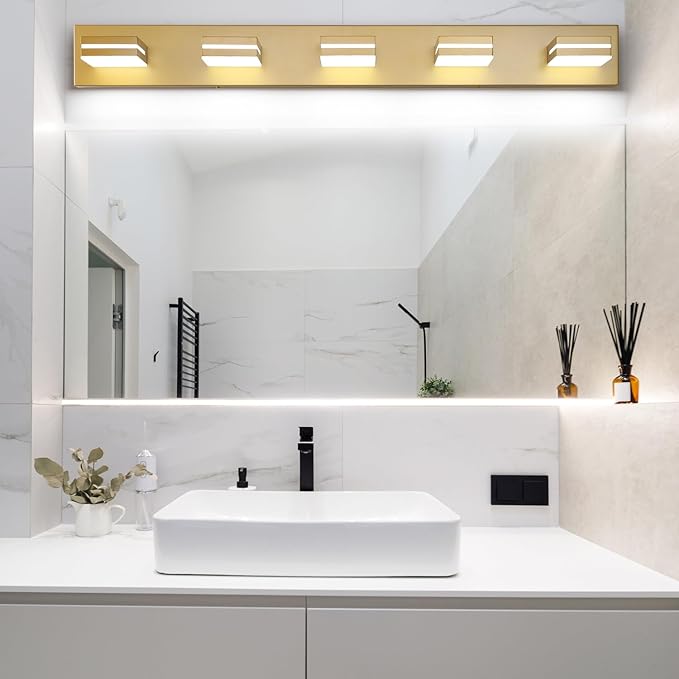 SineRise LED Modern Bathroom Vanity Light Fixtures (5-Light, 40-Inch), Matte Gold Modern Acrylic Bathroom Wall Lighting Fixtures Over Mirror (Cool White 6000K)