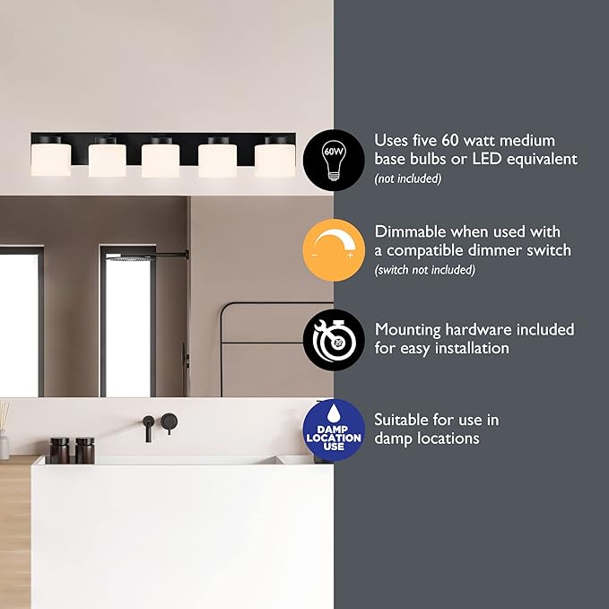 Design House 589499 Dove Creek Vanity Light Dimmable with Frosted Glass for Above Bathroom Mirror, Matte Black, 5-Light