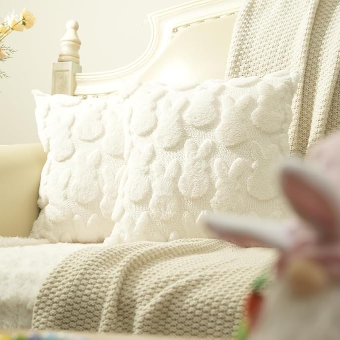 GEEORY Easter Bunny Soft Plush Pillow Covers, 20 x 20 Inch Set of 2, Fluffy Faux Fur Wool Decorative Farmhouse Cushion Case for Sofa Home Decoration Cream GC013-20