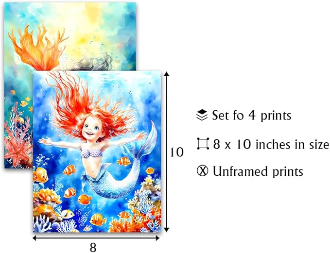 LNLAGBO Mermaid Wall Art Bathroom Decor,Mermaid Wall Art Print Girl Room Decor,Ocean Animals Bathroom Wall Decor for Kids Bedroom Nursery Set of 4(8"x10"Unframed)