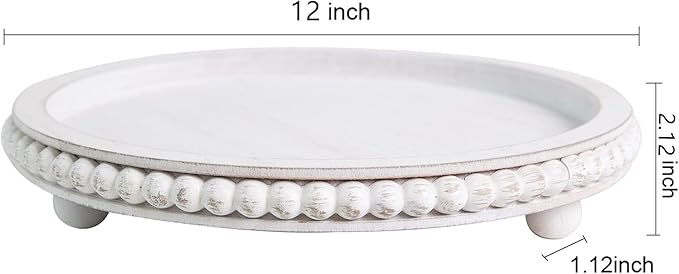 HPC Decor 12in Round Wood Tray - White, Distressed, Farmhouse Rustic - Decorative Tray for Living Room, Coffee Table, Kitchen Table or Farmhouse Serving Tray