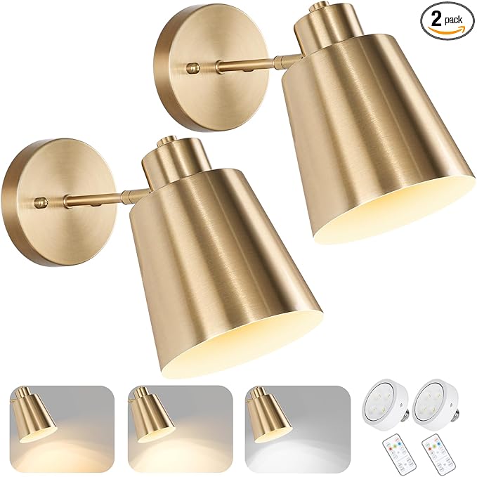 Battery Operated Wall Sconces Set of 2, Dimmable LED Wall Lights with Remote Control, Indoor Sconce Wall Lighting 3000K/4000K/6000K Adjustable Gold Wall Mounted Lamps for Bedroom Living Room Hallway