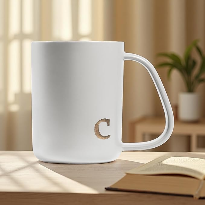 COLLECTIVE HOME - Ergonomic Handle Ceramic Mug, 15 oz Personalized Coffee Cup with Golden Initial, Microwave & Dishwasher Safe, Elegant Monogram Tea Mug in Gift Box for Home & Office (White-c)