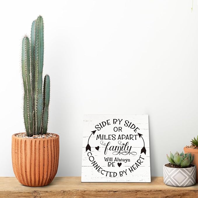 Family Sign, “Side by Side or Miles Apart, Family Will Always Be Connected by Heart”, Wooden Plaque Table Art Sign 6.2x6.2 Inch, Farmhouse Room Decor, Long Distance Gift for Loved Ones D