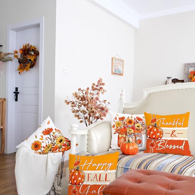 GEEORY Fall Throw Pillow Covers 16x16 Inch Set of 4, Pumpkins Floral Mason Jars Happy Fall Y'all Thankful & Blessed Orange Autumn Seasonal Decorative Farmhouse Decoration for Home G552-16