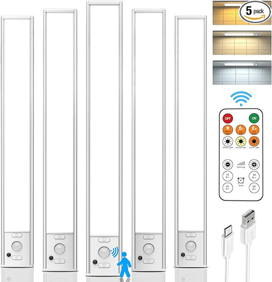 Under Cabinet Lights Wireless,11.9" Motion Sensor Light Indoor with Remote Control,2500mAh LED Rechargeable Battery Operated Closet Light,3 Color Temps,Under Counter Lights for Kitchen,Stairs,5 Pack