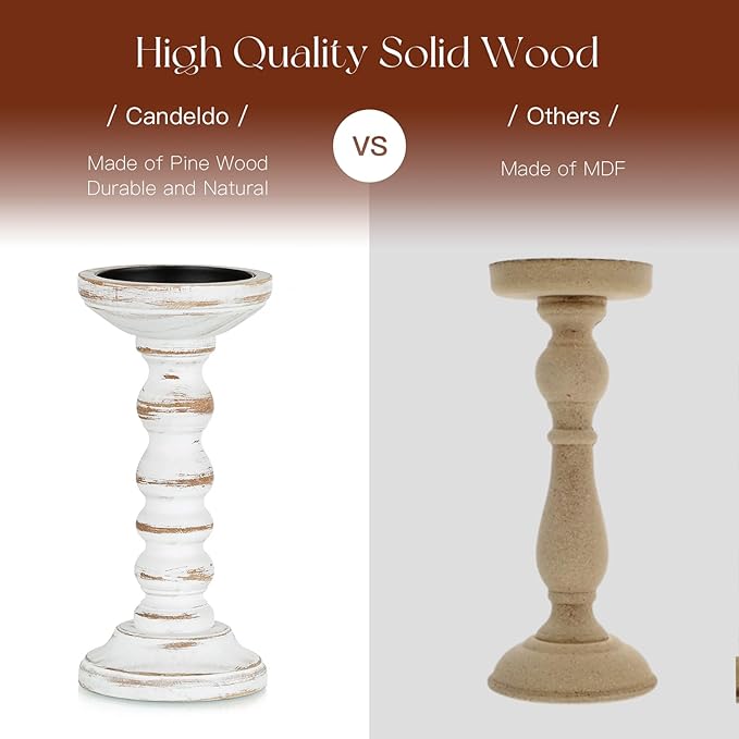 Wood Candle Holders for Pillar: Rustic Candles Holder Set of 3 Tall Table Centerpiece Decor Wooden White Farmhouse Decorations for Fireplace Mantle