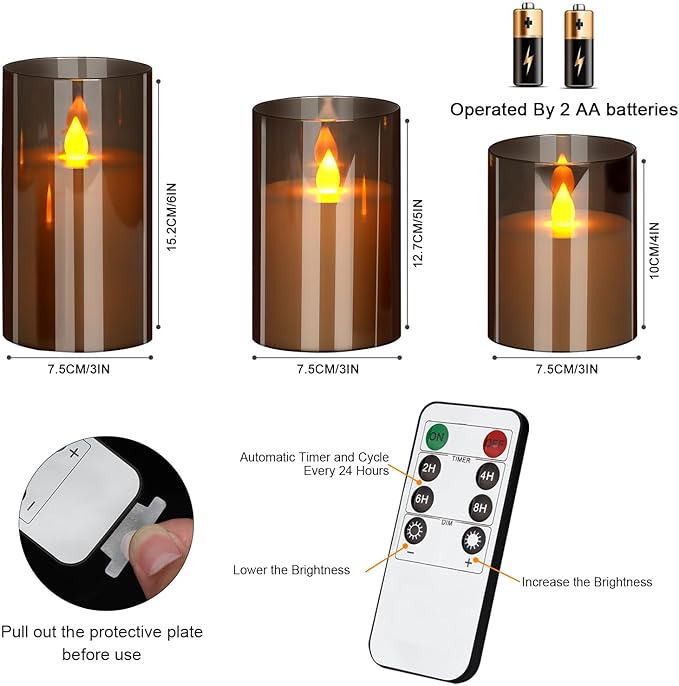 Flameless Candles 4" 5" 6" Acrylic Glass Pillars 3" Diameter Battery Operated Flickering Candles Include Remote with 24Hour Timer Function 400+ Hours by 2 AA Batteries (Gray, Warm Light 9 Pack)