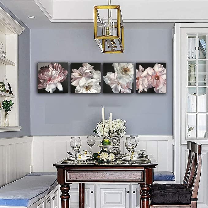 Yxbhhym Floral Canvas Wall Art White Flowers Wall Picturs Prints Pink Florals Artwork for Wall Dรฉcor Painting Poster for Bathroom Art Living Room Decor-Framed Wall Art -12x12inches x 4 pcs