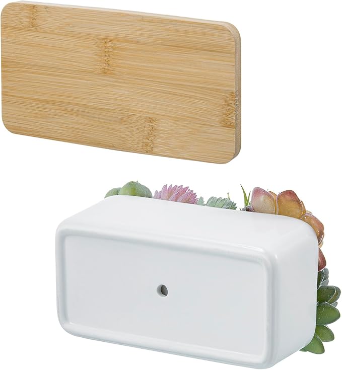 MyGift Assorted Artificial Succulent Plant Arrangement Potted in White Ceramic Planter Pot with Removable Bamboo Tray