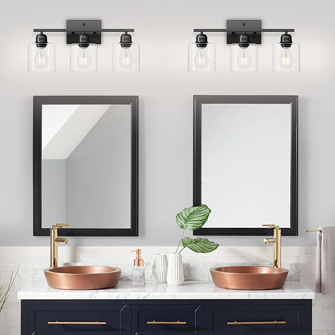 3 Light Bathroom Vanity Light, Matte Black Vanity Lights with Clear Glass for Bathroom Mirror Living Room Bedroom Hallway E26 Base