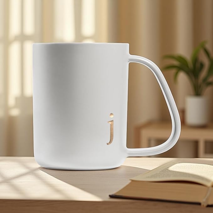 COLLECTIVE HOME - Ergonomic Handle Ceramic Mug, 15 oz Personalized Coffee Cup with Golden Initial, Microwave & Dishwasher Safe, Elegant Monogram Tea Mug in Gift Box for Home & Office (White-j)