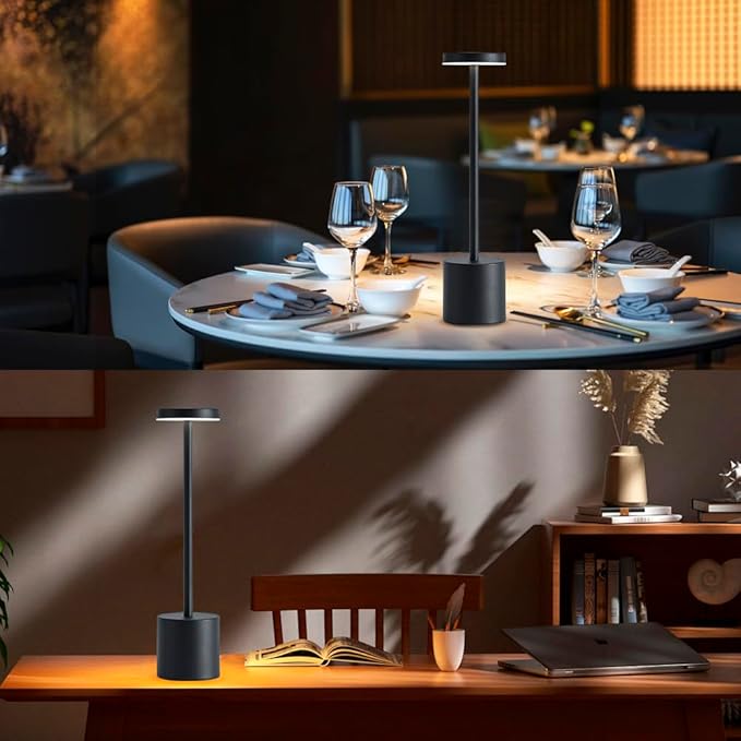 2 Pack LED Cordless Table Lamps, Portable 5000mAh Rechargeable Table Lamp, Touch Control Outdoor Table Lamp, 3 Color Dimmable Cordless Table Lamps for Restaurant, Patio, Bedroom, Outdoor - Black