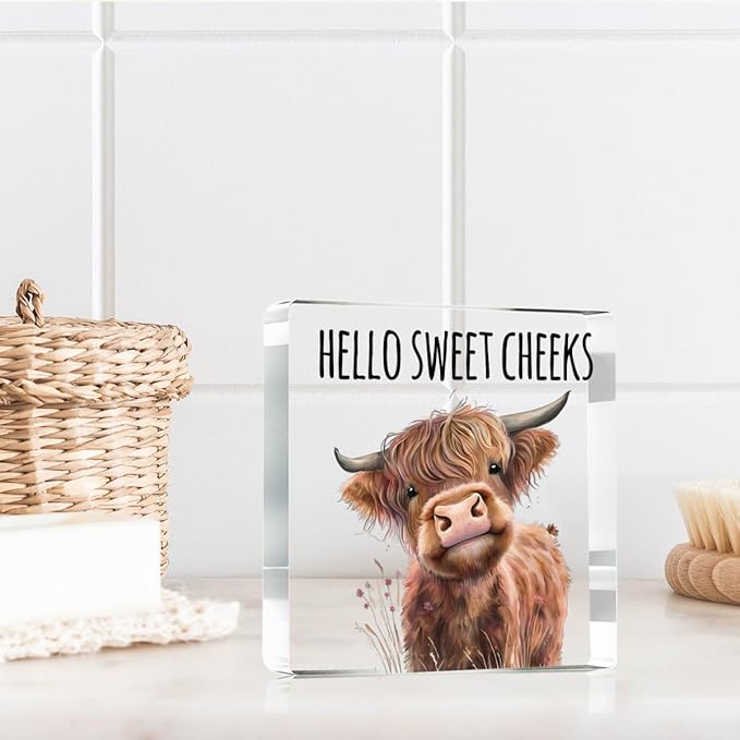 Highland Western Cow Bathroom Decor Gifts,Hello Sweet Cheeks Funny Acrylic Sign Bathroom Decor for Western & Highland Cow Lovers Gifts for Coworker, Friends, Boss, Men, Women 4x4 Inch