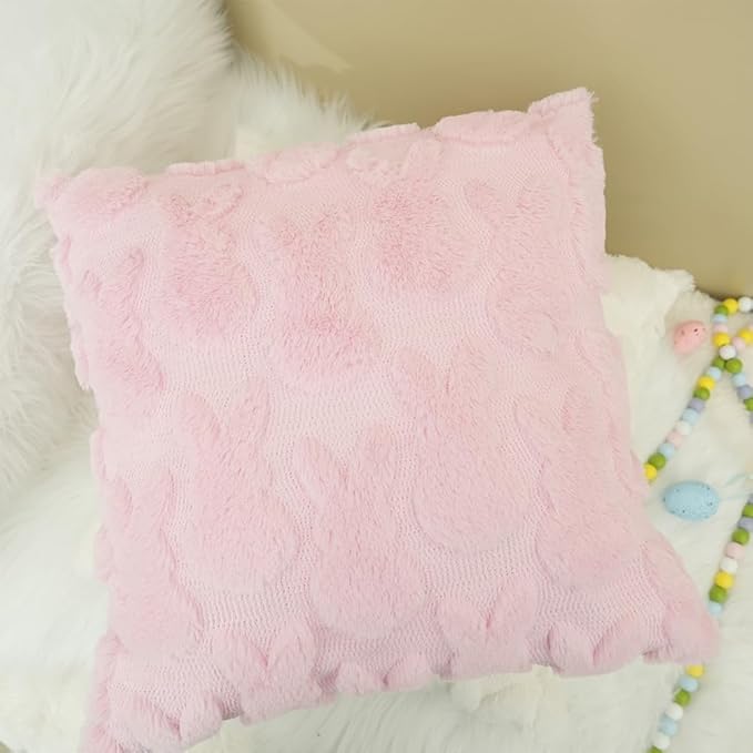 GEEORY Easter Bunny Soft Plush Pillow Covers, 18 x 18 Inch Set of 2, Fluffy Faux Fur Wool Decorative Farmhouse Cushion Case for Sofa Home Decoration Pink GC015-18