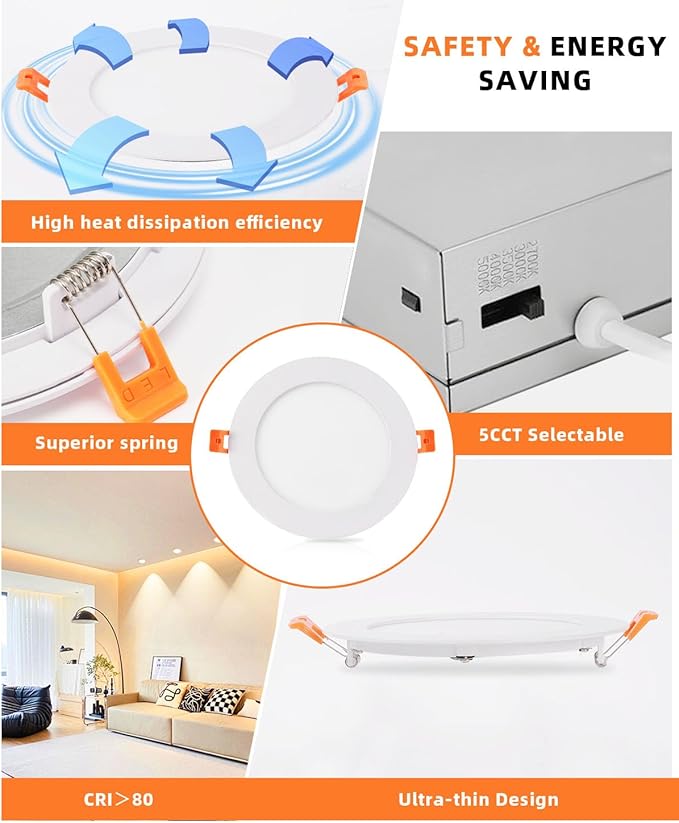 ZYC Recessed Lighting 6 Inch - 12W Ultra-Thin LED Ceiling Lights,2700-5000K Selectable,5CCT Dimmable Canless Wafer Downlight,1100LM Hight Brightness,Dimmable Can Light,Pack of 12 White.