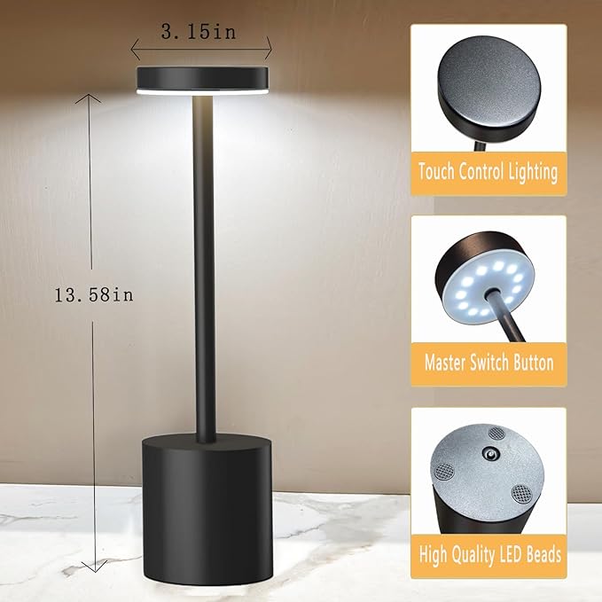 Cordless Table Lamp, 2 Pack Rechargeable Table Lamp, 3 Color Stepless Dimming Up, Battery Operated Portable LED Desk Lamp, Outdoor Table Light for Restaurant/Dinner/Patio/Bars/Bedroom (White)