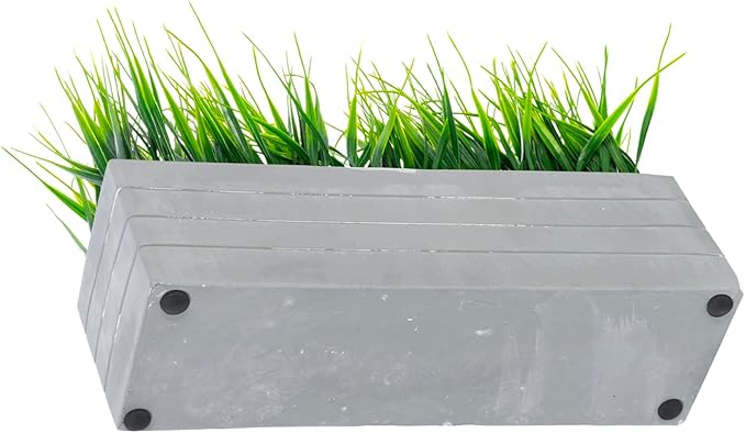MyGift 15 Inch Artificial Green Grass Plants Potted in Ribbed Gray Concrete Planter Box, Tabletop Faux Greenery in Rectangular Cement Pot Centerpiece Décor