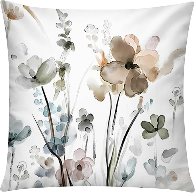 COMMINY Brown Grey Floral Pillow Cover 18x18 Set of 6 Watercolor Throw Pillow Covers Square Cushion Covers for Couch Sofa Living Room Home Decor