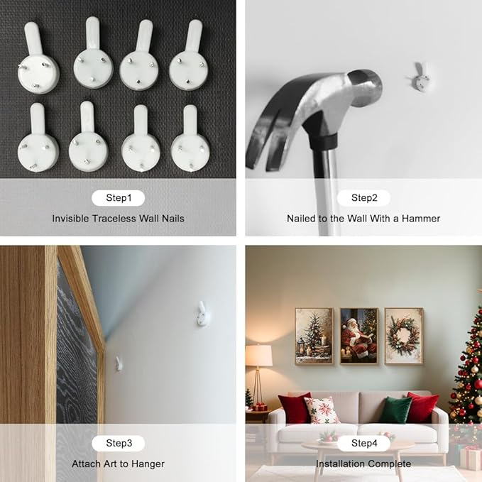 HOURIA Vintage Christmas Framed Canvas Wall Art Set,Santa Claus Reading Book Decor, Wreath Pinecone Berries Artwork,Cozy Night Tree Candle Lantern Prints for Living Room,Xmas 24"x36"x3