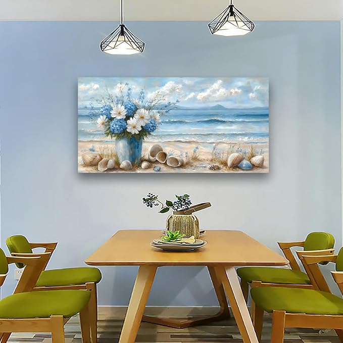 Ocean Waves Vase of Flowers Pictures Canvas Wall Art for Living room Office Bedroom Wall Decor Beach Sea Shell Wall Art Print Paintings Modern Abstract Scenery Artwork Ready to Hang-20x40inch