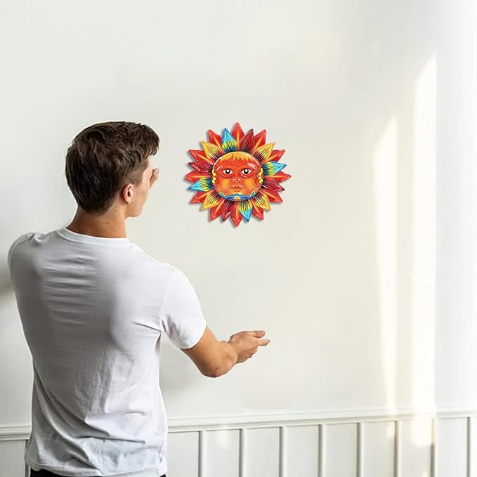 dreamskip Sun Flower Wall Decor, 12 inches Hanging Metal Wall Art, Sun Face Outdoor Wall Sculptures & Statues for Garden Fence Patio Yard Living Room Bedroom Decorations Yellow