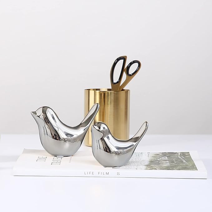 FANTESTICRYAN Small Birds Statues Gold Home Decor Modern Style Figurine Decorative Ornaments for Living Room, Bedroom, Office Desktop, Cabinets (M&L, Silver)