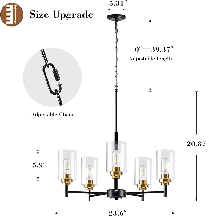 Kitchen Island Lighting - 5 Lights Modern Glass Chandelier for Dining Room, Farmhouse Pendant Light Over Table for Foyer Living Room Bedroom (Black and Gold)