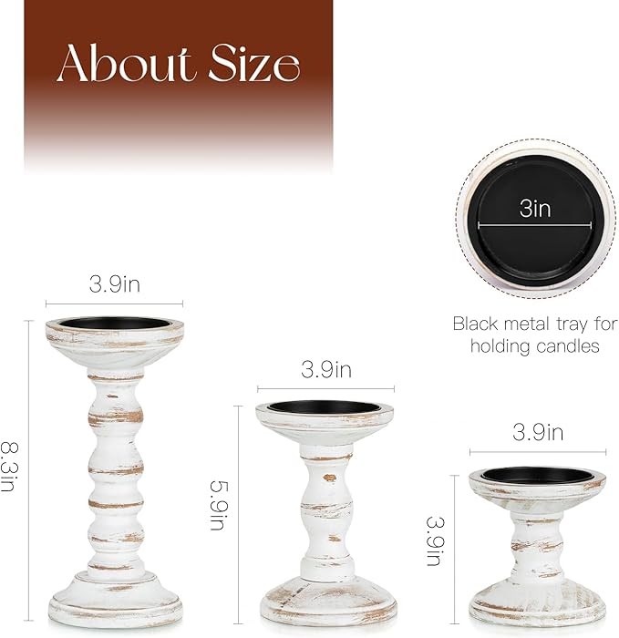 Wood Candle Holders for Pillar: Rustic Candles Holder Set of 3 Tall Table Centerpiece Decor Wooden White Farmhouse Decorations for Fireplace Mantle