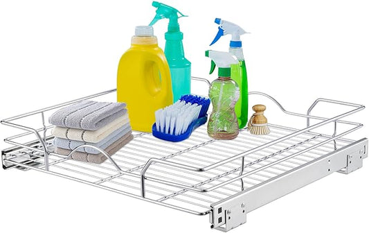 OCG Pull Out Cabinet Organizer (14.75" W x 17" D), Pull out Drawers, Cabinet Pull Out Shelves for Base Cabinet Organization in Kitchen Bathroom Pantry, Bottom Mount, Chrome Finish