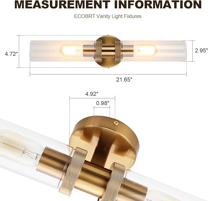 E26 Brushed Brass 2 Light Vanity Lights, Farmhouse Gold Modern Bathroom Wall Lamps with Glass Shade