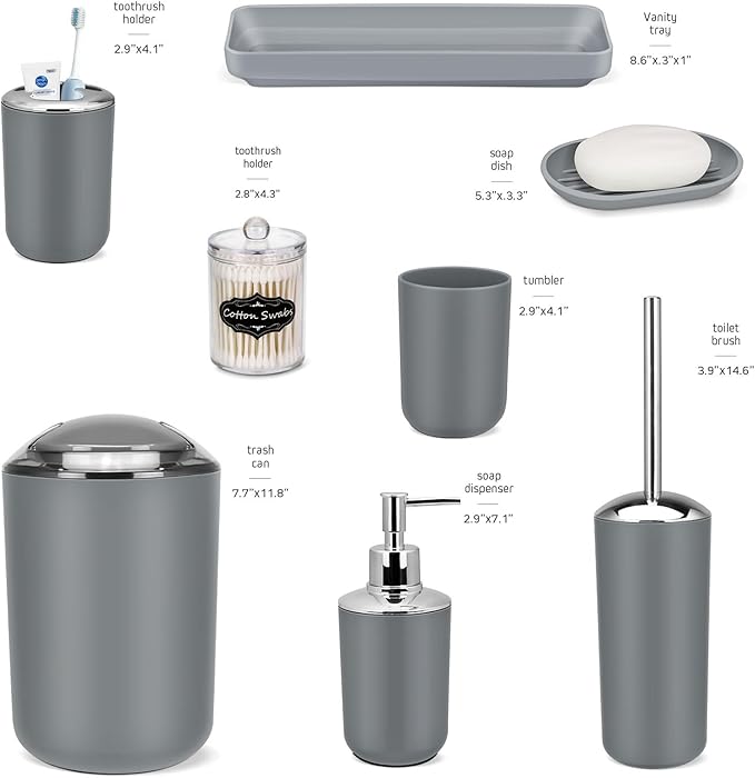 IMAVO Bathroom Accessories Set,Grey Bathroom Set,9 Pieces Bathroom Accessory Set,Tray,Qtip Holders,Toilet Brush,Trash Can for Bathroom Décor and Home Gifts