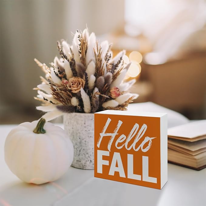 Hello Fall Sign, Autumn Decor Art, Small Wooden Box Sign, Rustic Farmhouse Tabletop Decor, Fall Seasonal Decoration for Home Office Cafe Shop Coffee Bars, Decorative Wood Signs A1