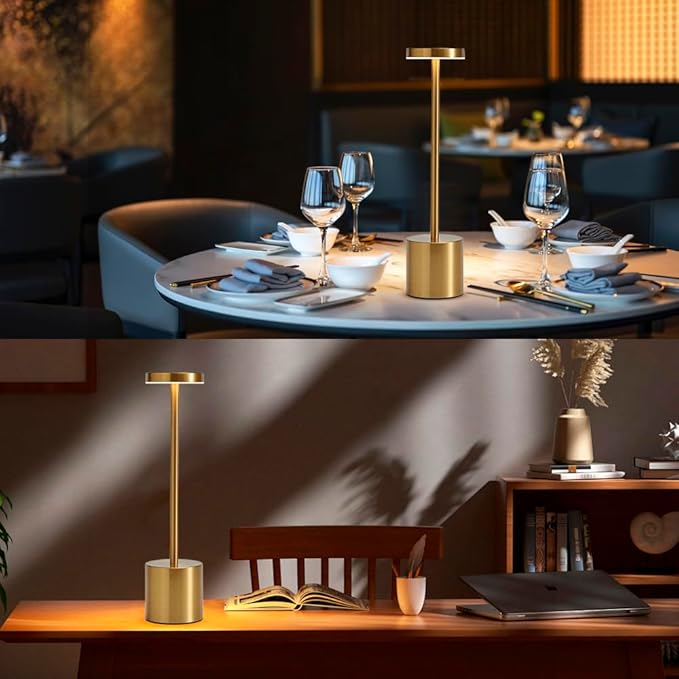 2 Pack LED Cordless Table Lamp, Portable 5000mAh Rechargeable Bedside Lamp, Touch Control Outdoor Table Lamps, 3 Color Dimmable Battery Operated Lamps for Restaurant/ Patio/ Bedroom/ Outdoor - Gold